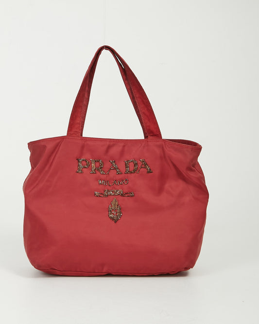 Prada Red Nylon Embellished Logo Tote