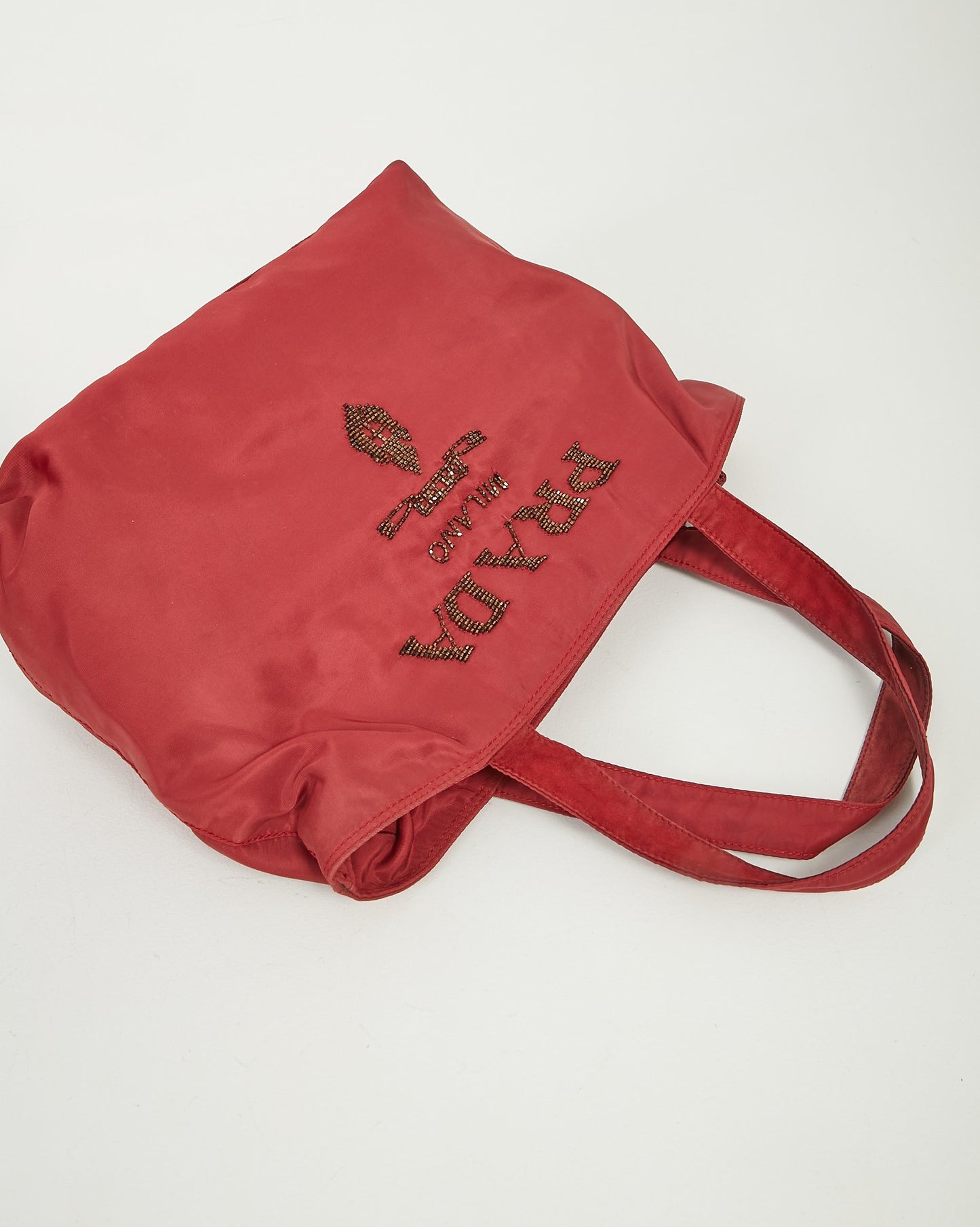 Prada Red Nylon Embellished Logo Tote