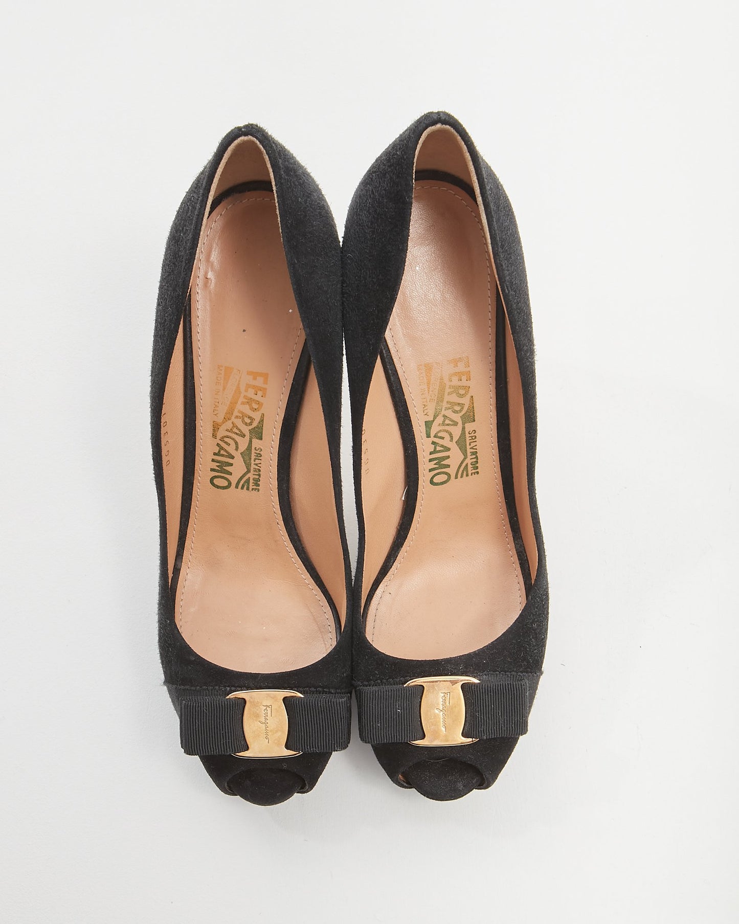 Salvatore Ferragamo Black Suede Rosella Bow Peep Toe Pumps - 9