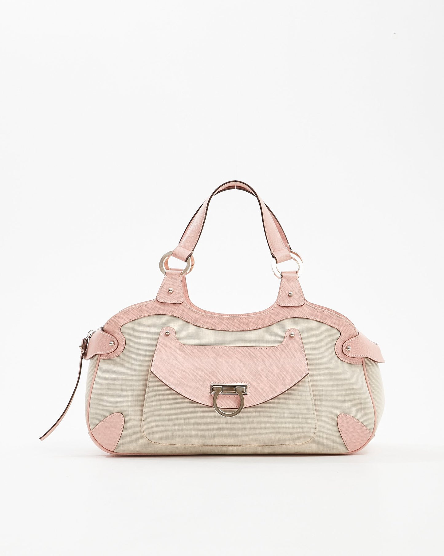 Ferragamo Pink Leather Trim 
Canvas Gancini Top Handle Bag