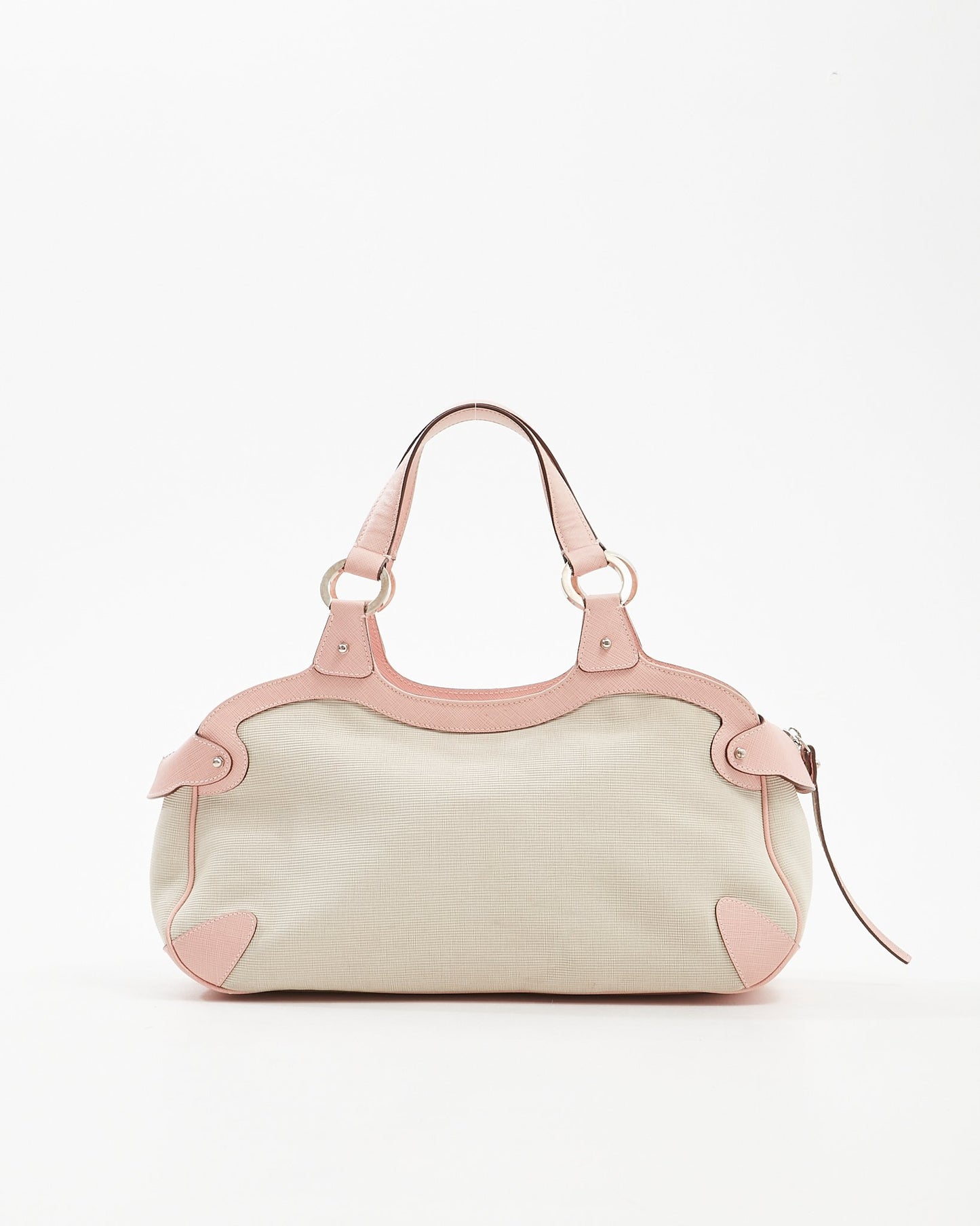 Ferragamo Pink Leather Trim 
Canvas Gancini Top Handle Bag