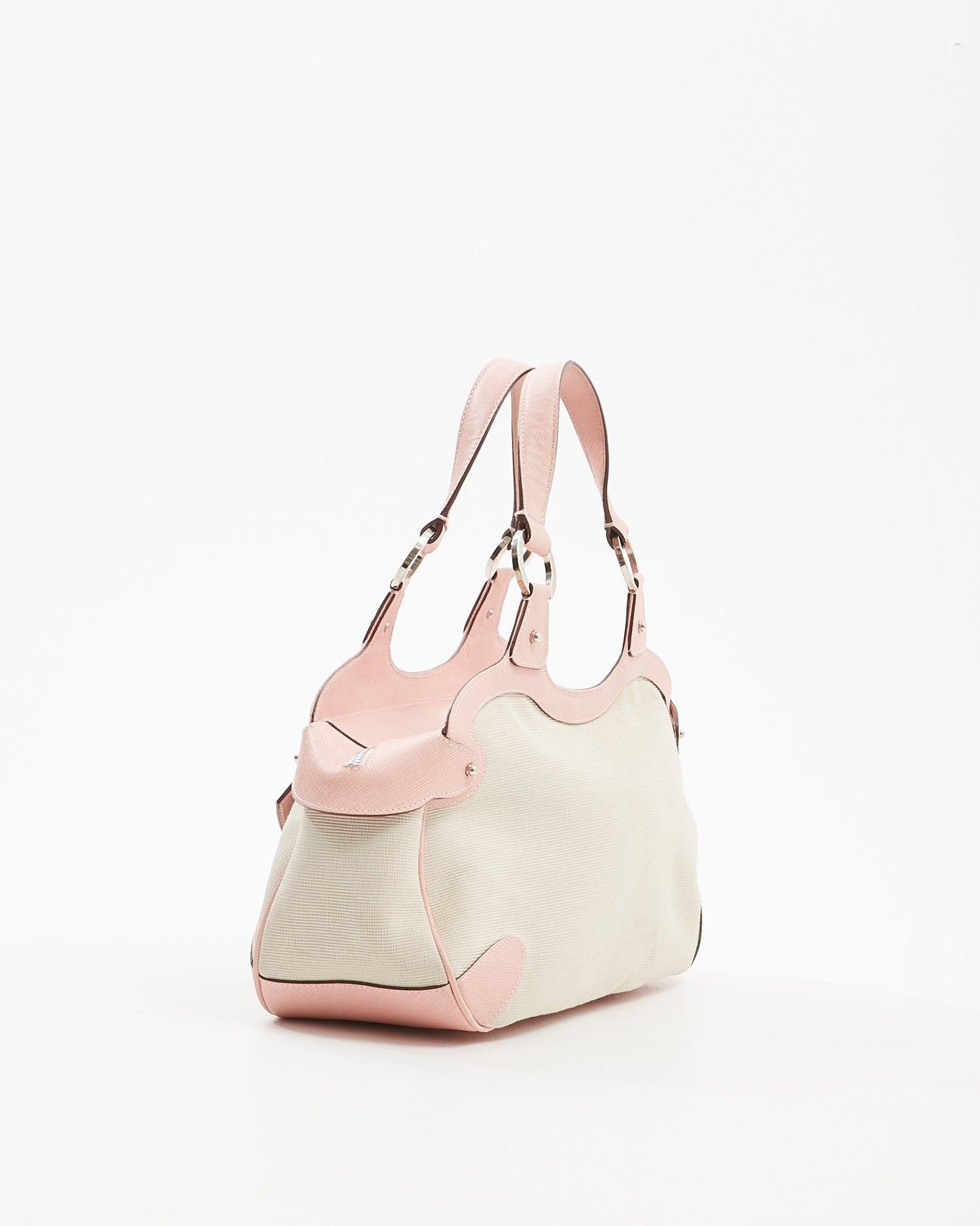 Ferragamo Pink Leather Trim 
Canvas Gancini Top Handle Bag