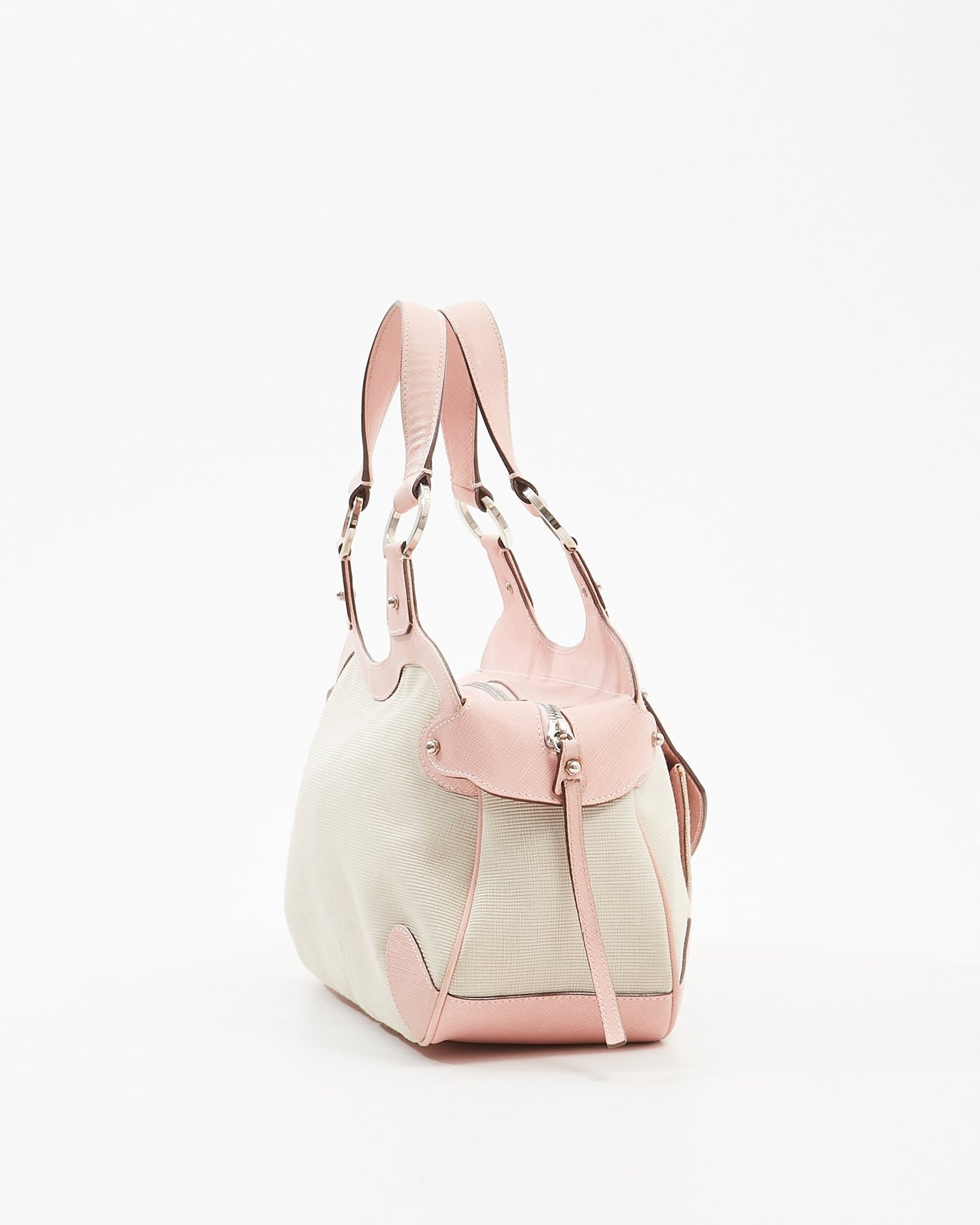 Ferragamo Pink Leather Trim 
Canvas Gancini Top Handle Bag