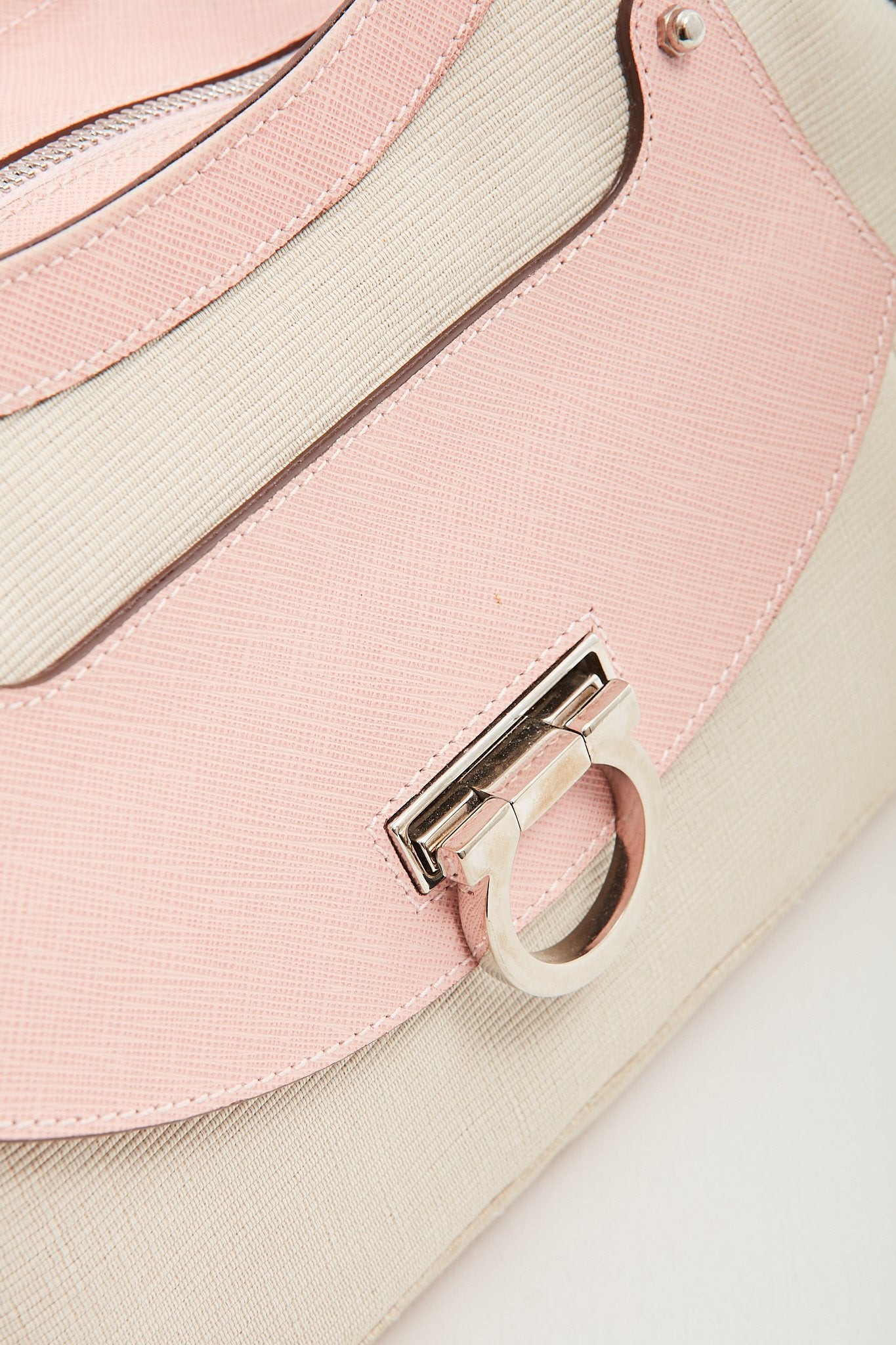 Ferragamo Pink Leather Trim 
Canvas Gancini Top Handle Bag