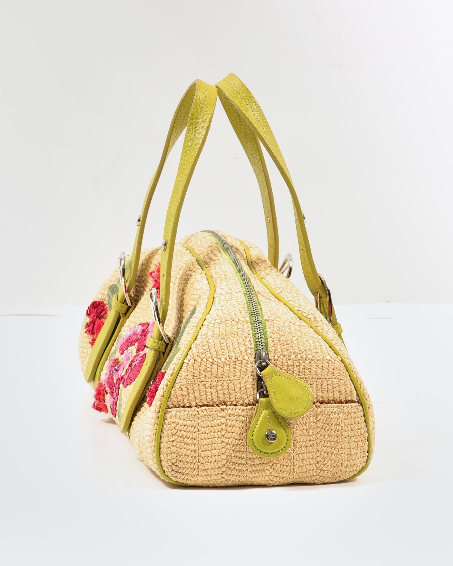 Dior Beige Raffia Flower Bowler Handbag