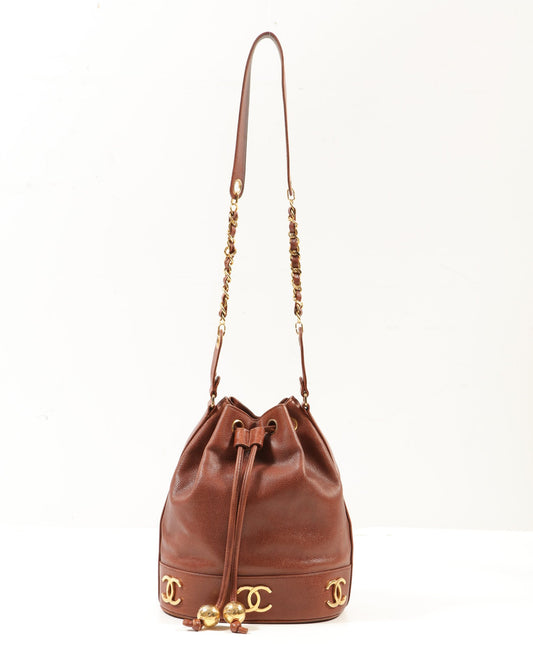 Chanel Vintage Brown Caviar Leather CC Drawstring Bucket Bag