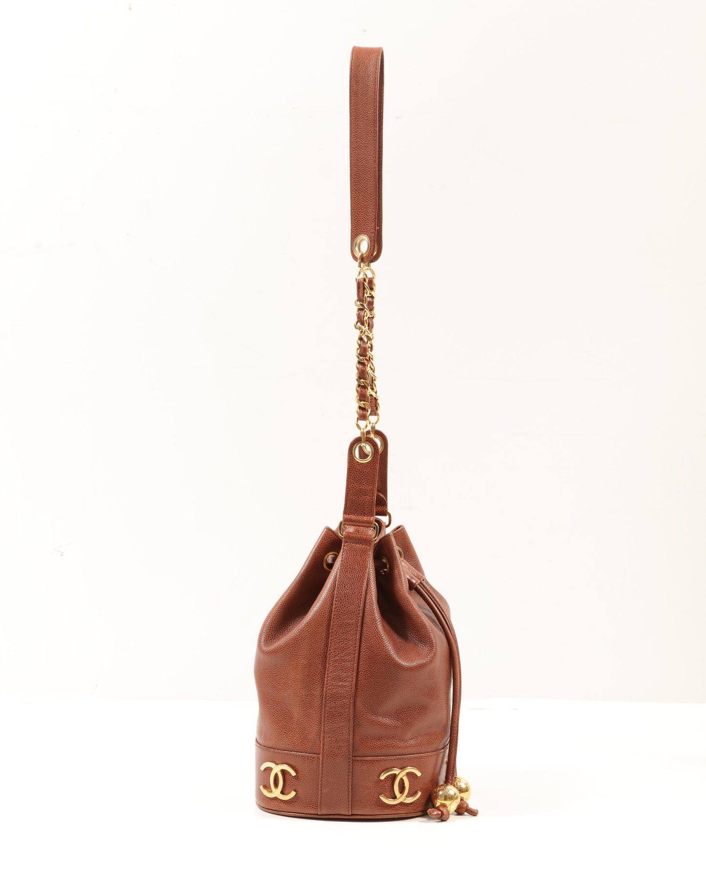 Chanel Vintage Brown Caviar Leather CC Drawstring Bucket Bag