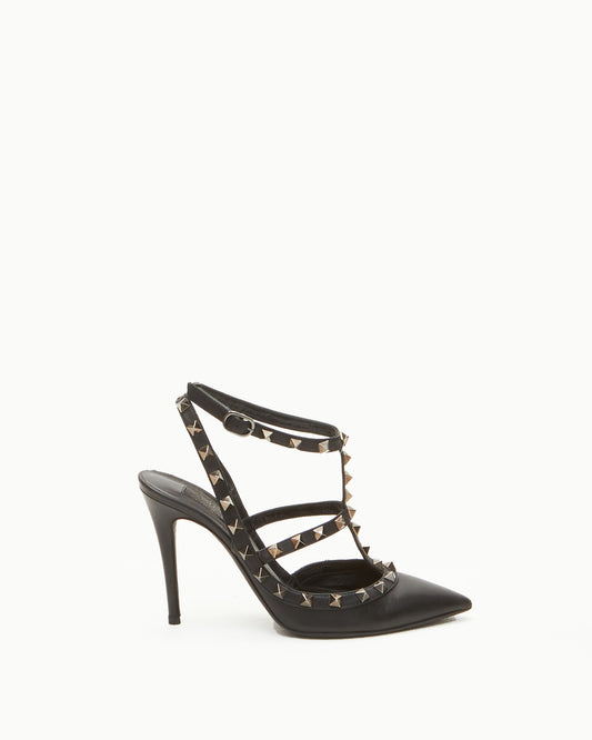 Valentino Black Leather Rockstud Ankle Strap Heel - 36.5