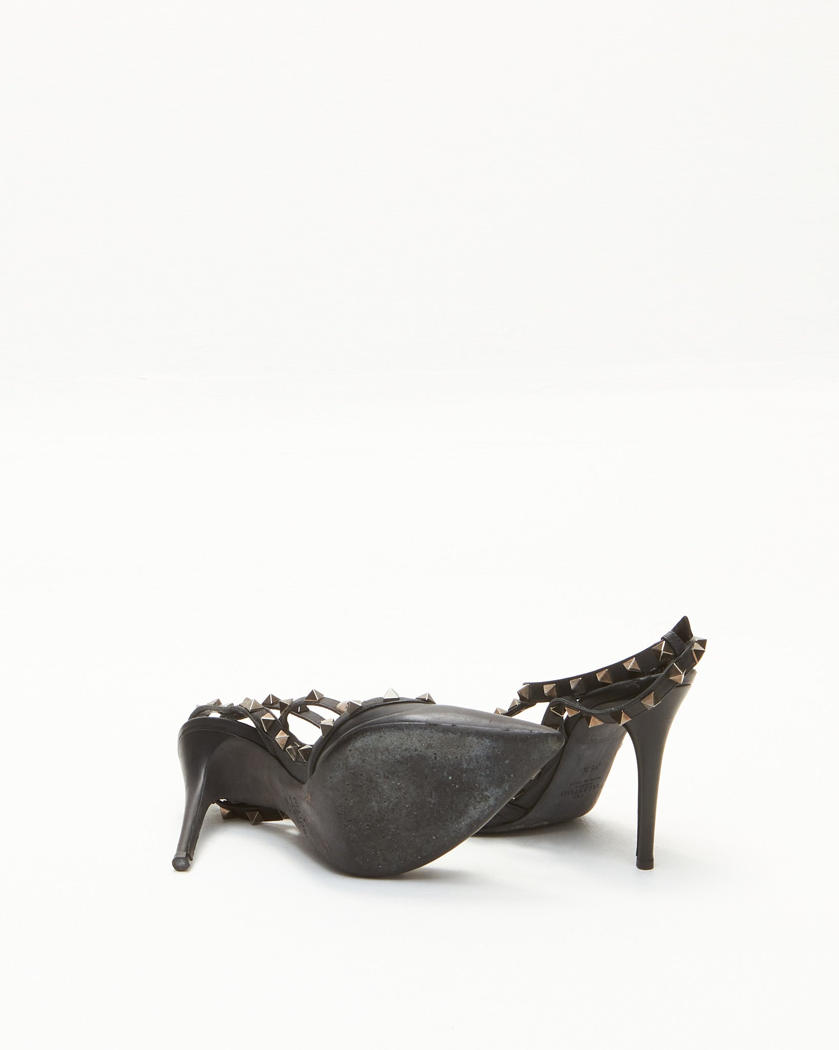 Valentino Black Leather Rockstud Ankle Strap Heel - 36.5