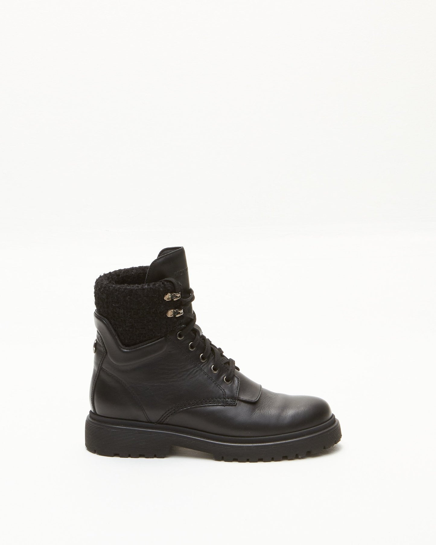 Moncler Black Leather 
Tweed Combat Boots - 39