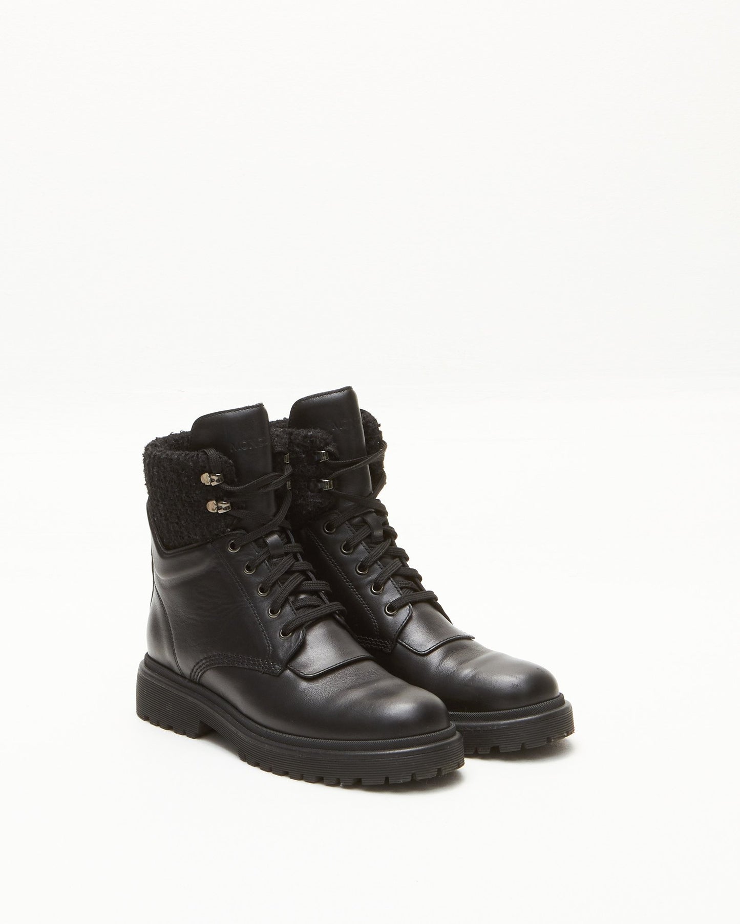 Moncler Black Leather 
Tweed Combat Boots - 39