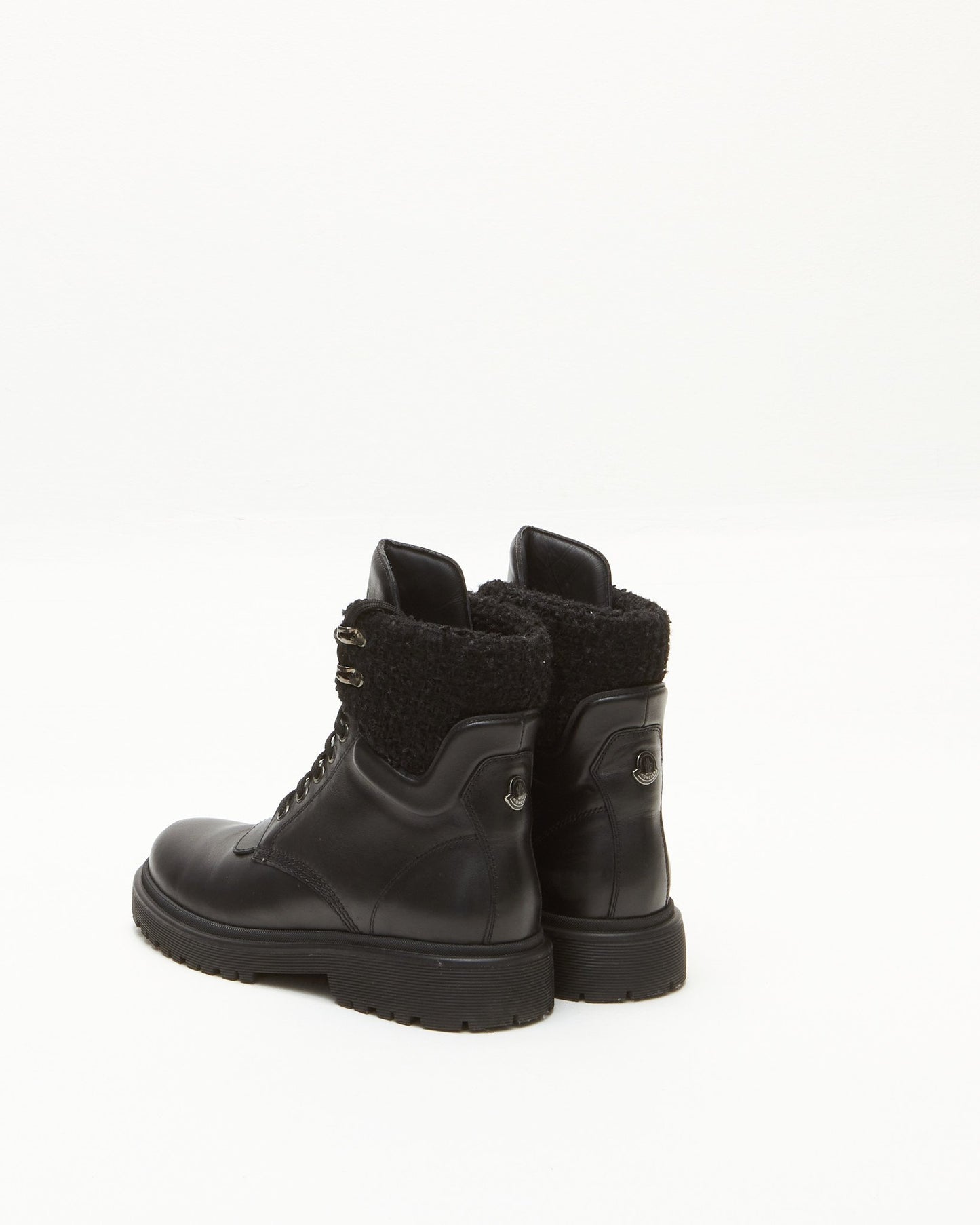 Moncler Black Leather 
Tweed Combat Boots - 39