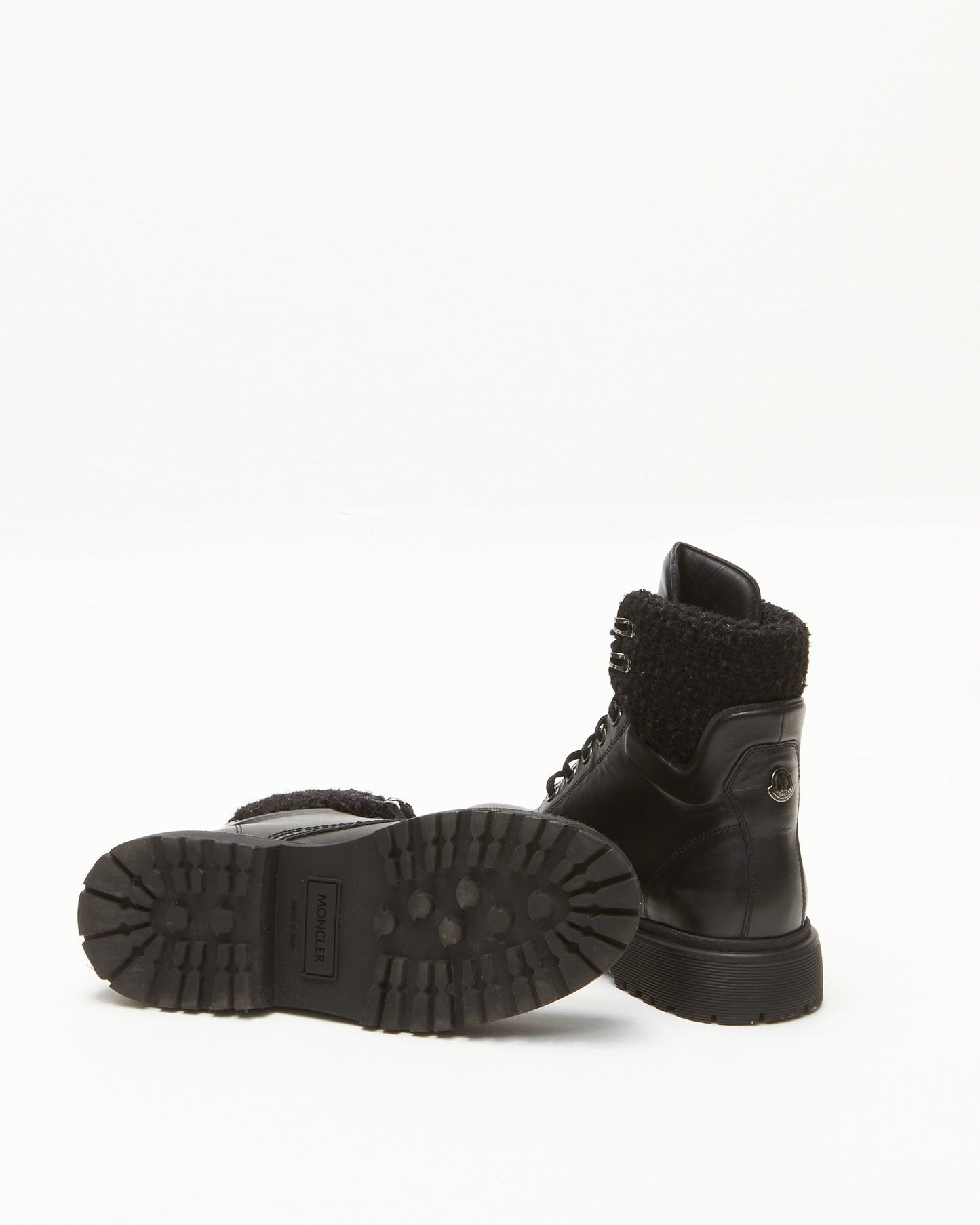 Moncler Black Leather 
Tweed Combat Boots - 39