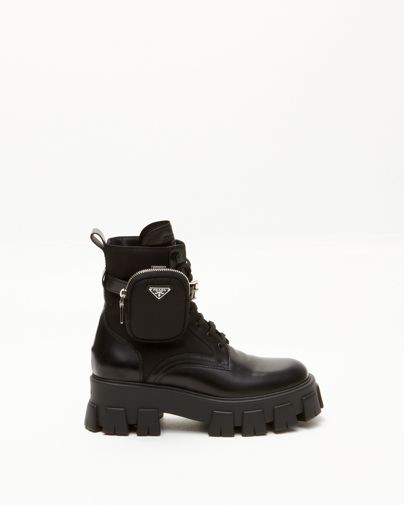 Prada Black Leather 
Nylon Monolith Platform Combat Boots - 39.5