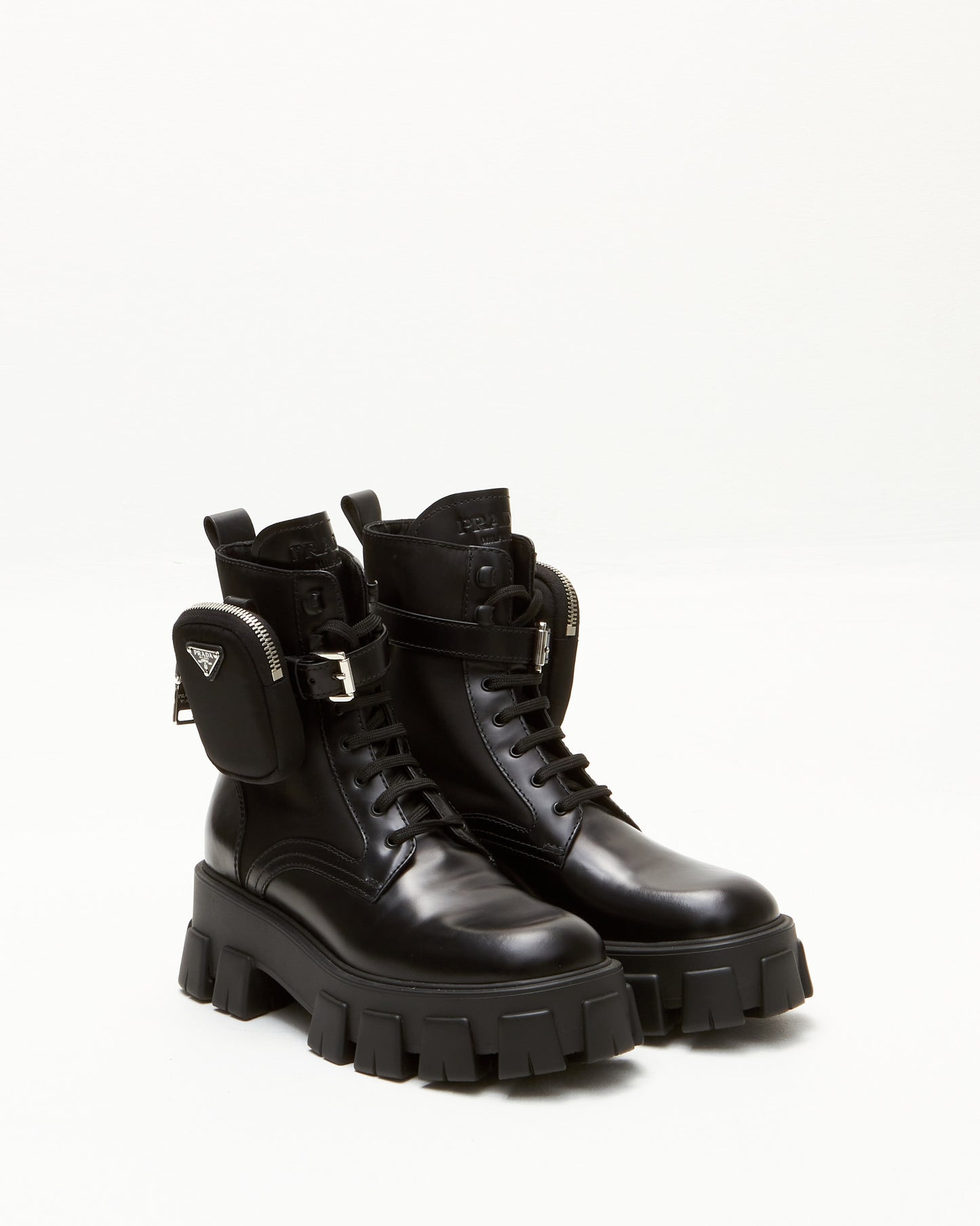 Prada Black Leather 
Nylon Monolith Platform Combat Boots - 39.5