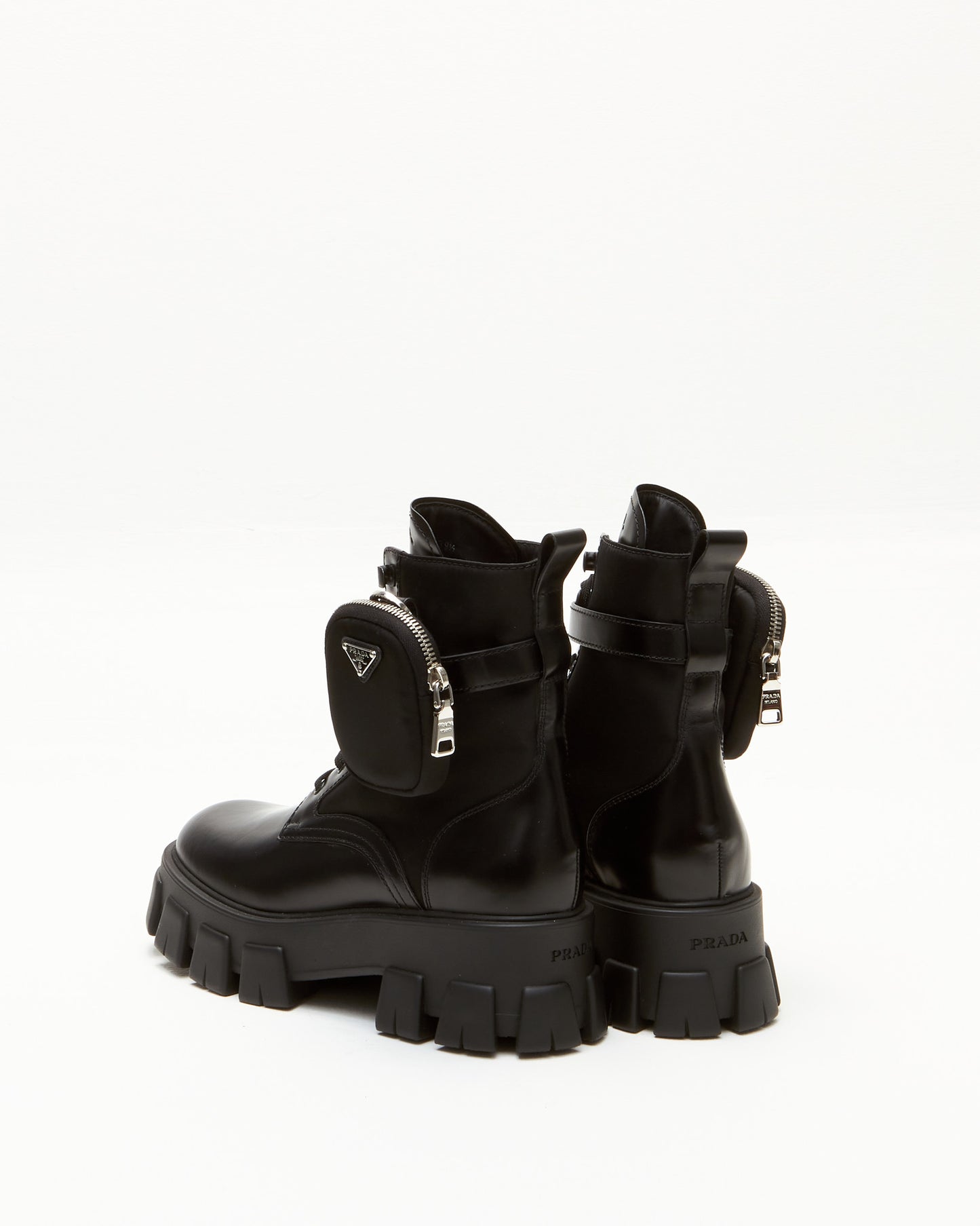 Prada Black Leather 
Nylon Monolith Platform Combat Boots - 39.5