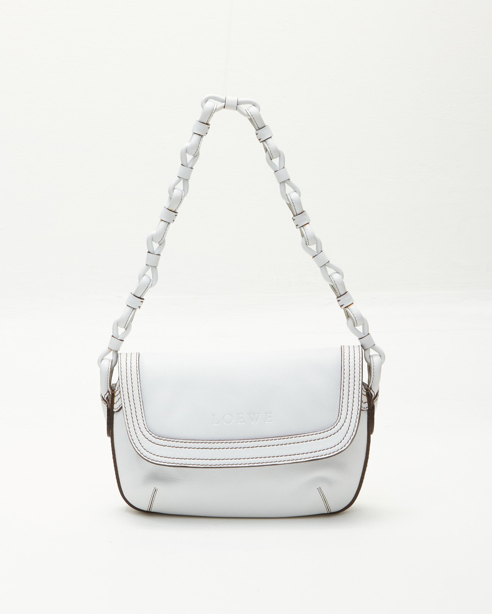 Loewe White Leather Woven Handle Shoulder Bag