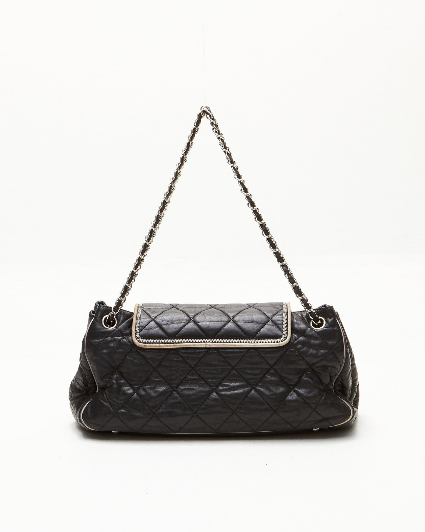 Chanel Black Lambskin Quilted Leather East West Mademoiselle Accordion Flap Shoulder Bag