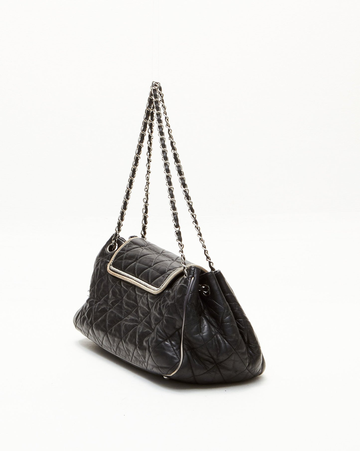 Chanel Black Lambskin Quilted Leather East West Mademoiselle Accordion Flap Shoulder Bag