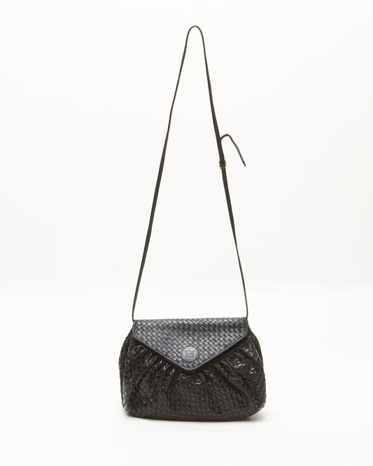 Fendi Black  Intrecciato Leather Moon Crossbody