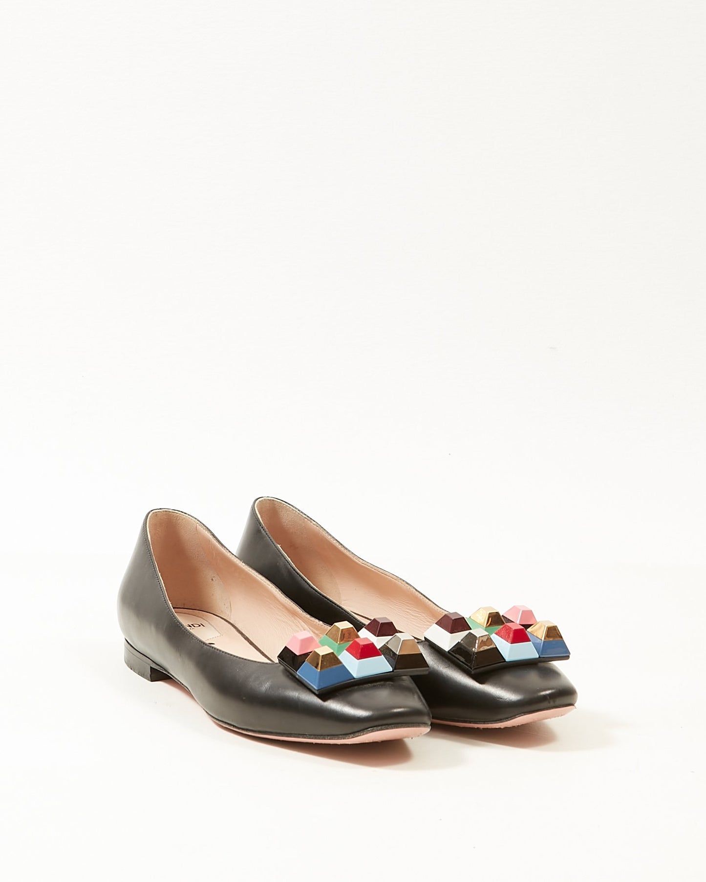 Fendi Black Leather Rainbow Stud Flats - 39