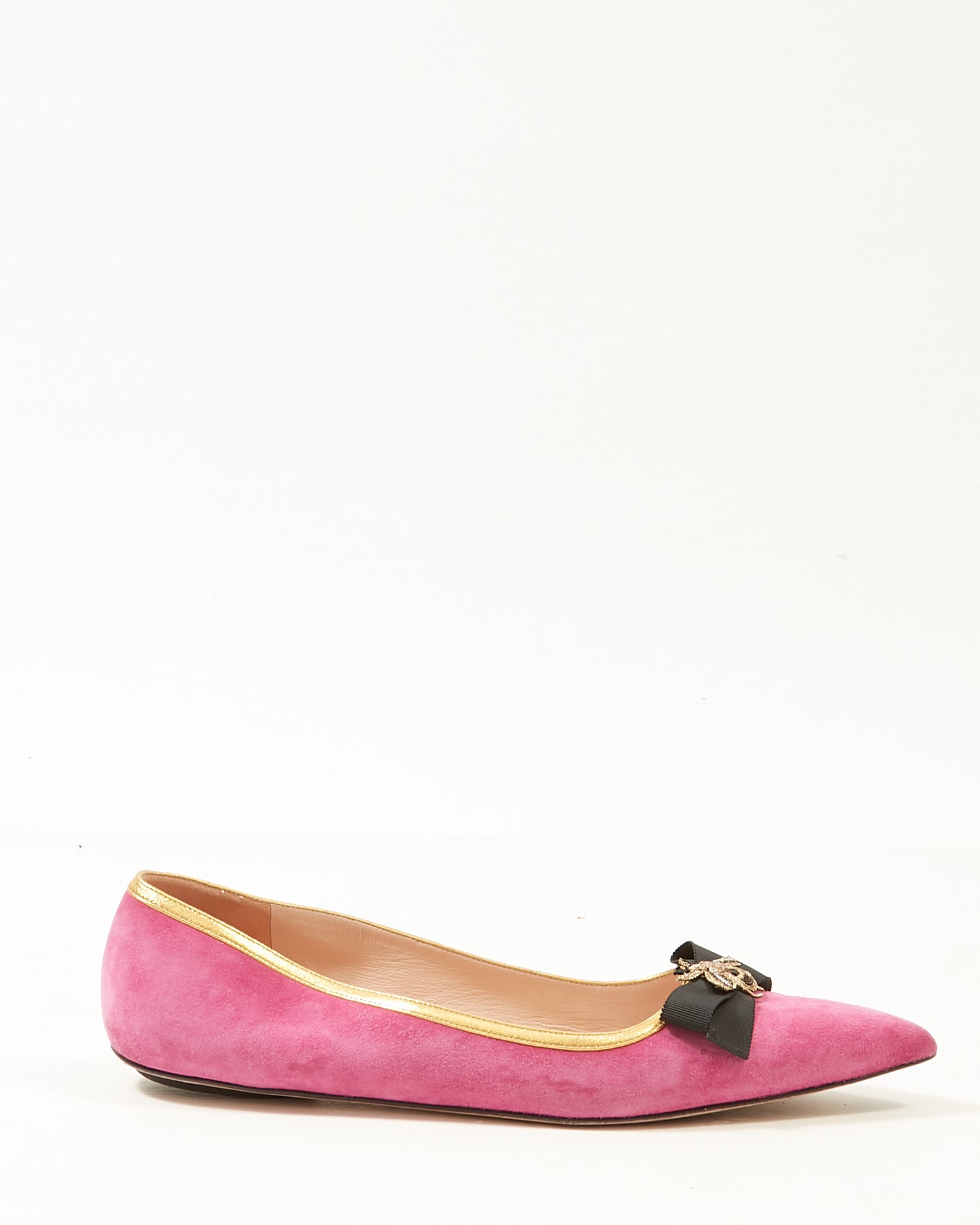 Gucci Pink Suede Embroidered Bee Gold Trim Flats - 39.5