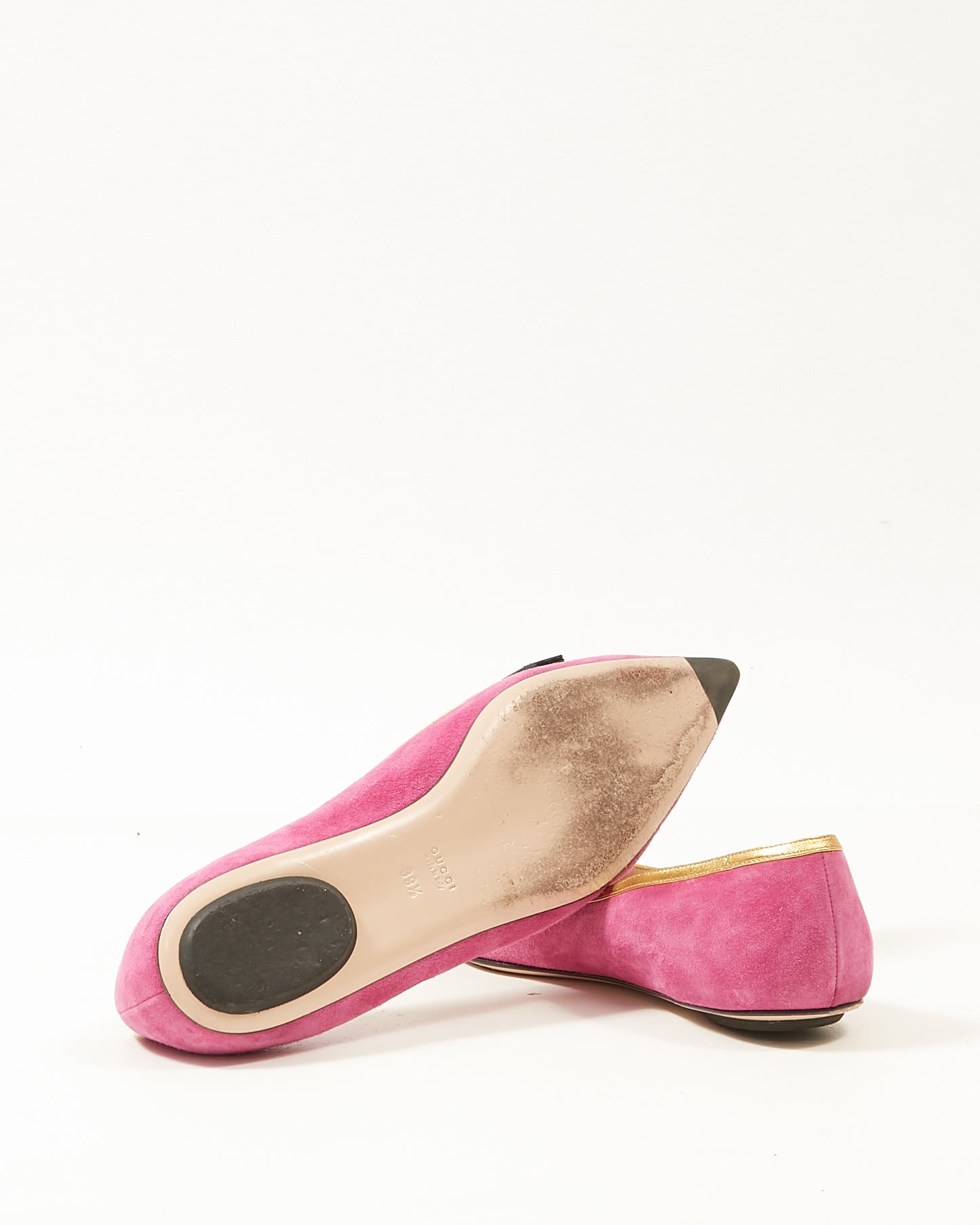 Gucci Pink Suede Embroidered Bee Gold Trim Flats - 39.5