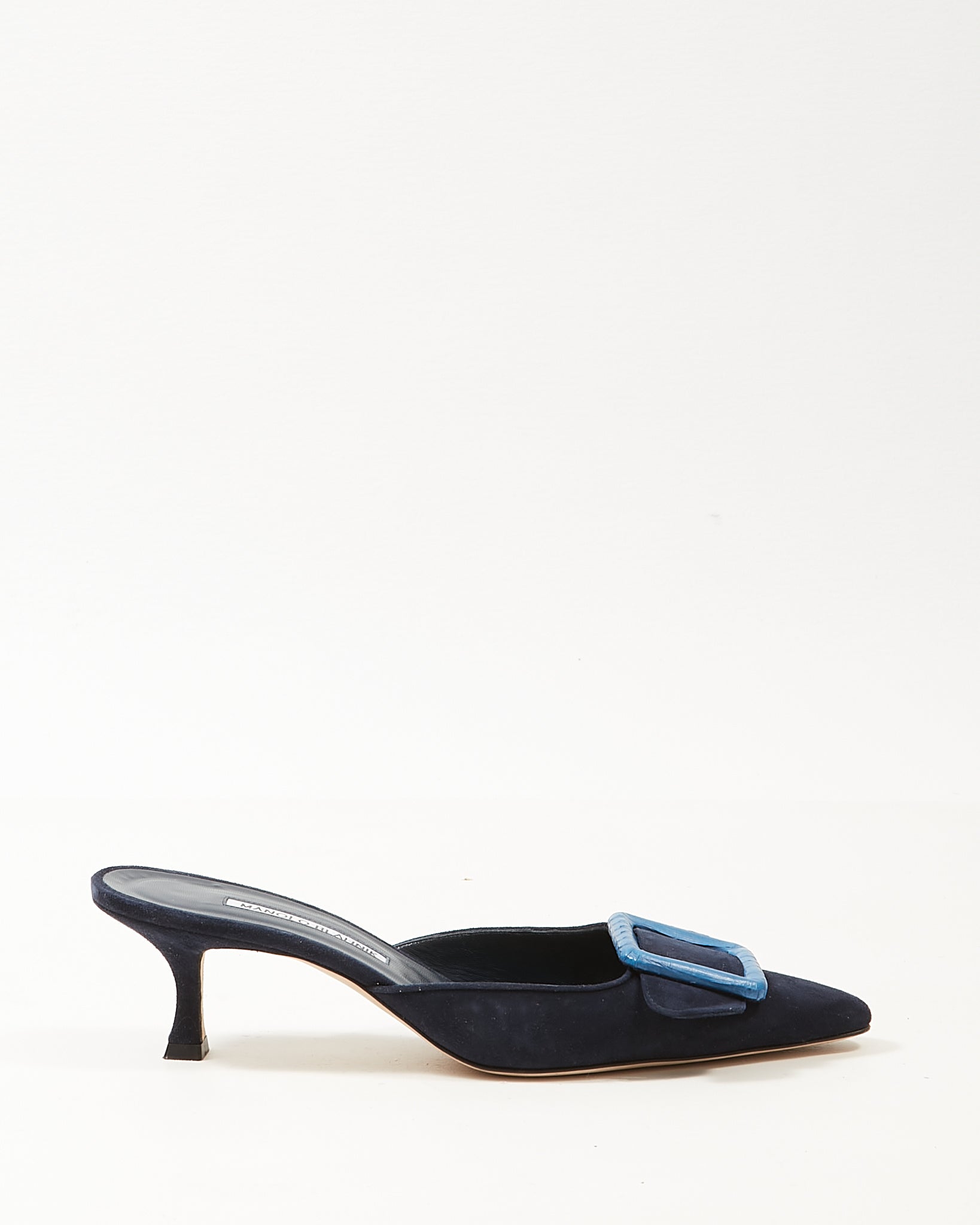 Manolo Blahnik Navy Suede Maysale Buckle Heeled Mules - 40