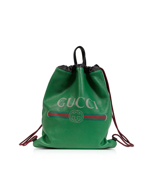 Gucci Green Leather Logo Drawstring Backpack