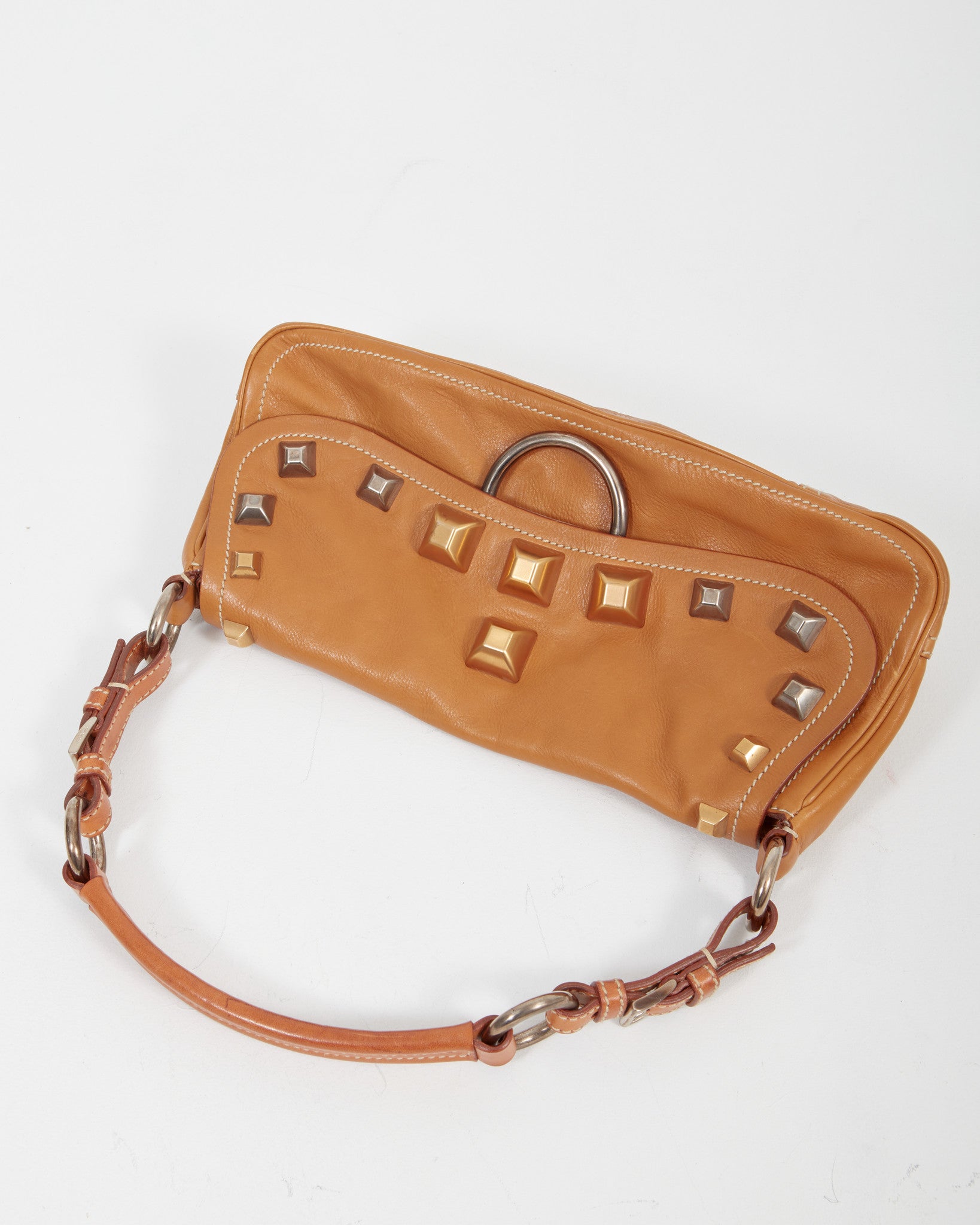 Prada Tan Leather Studded Shoulder Bag