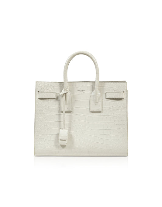 Saint Laurent Dove White Croc Embossed Small Sac de Jour