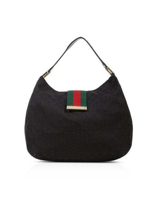 Gucci Black GG Canvas Web Hobo Shoulder Bag