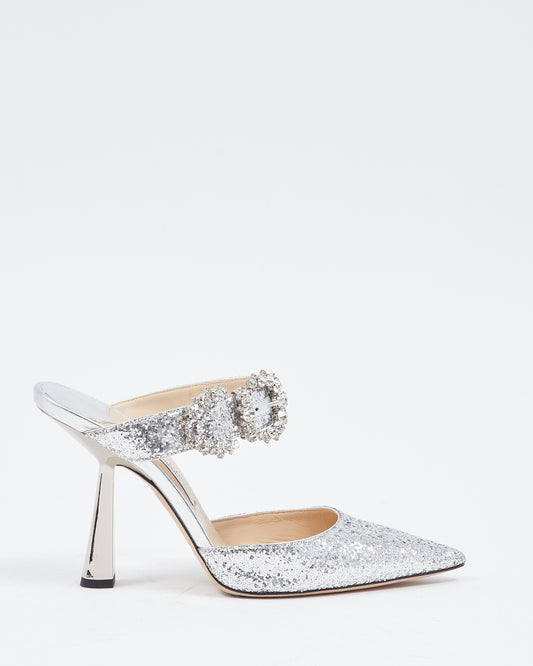 Jimmy Choo Silver Glitter Crystal Buckle Marta Mule Heels - 39