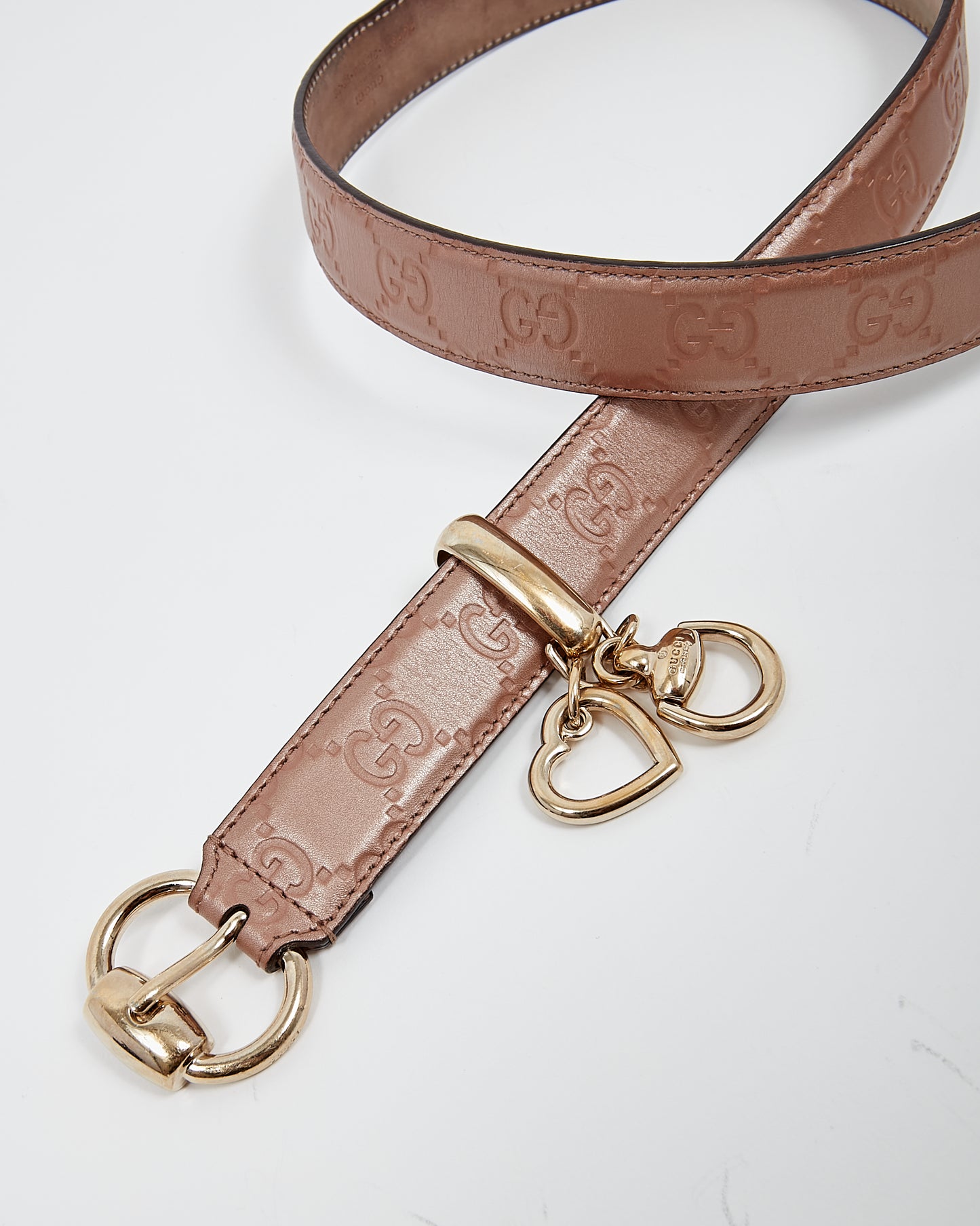 Gucci Dusty Pink Metallic GG Leather Heart Charm Belt - 95/38