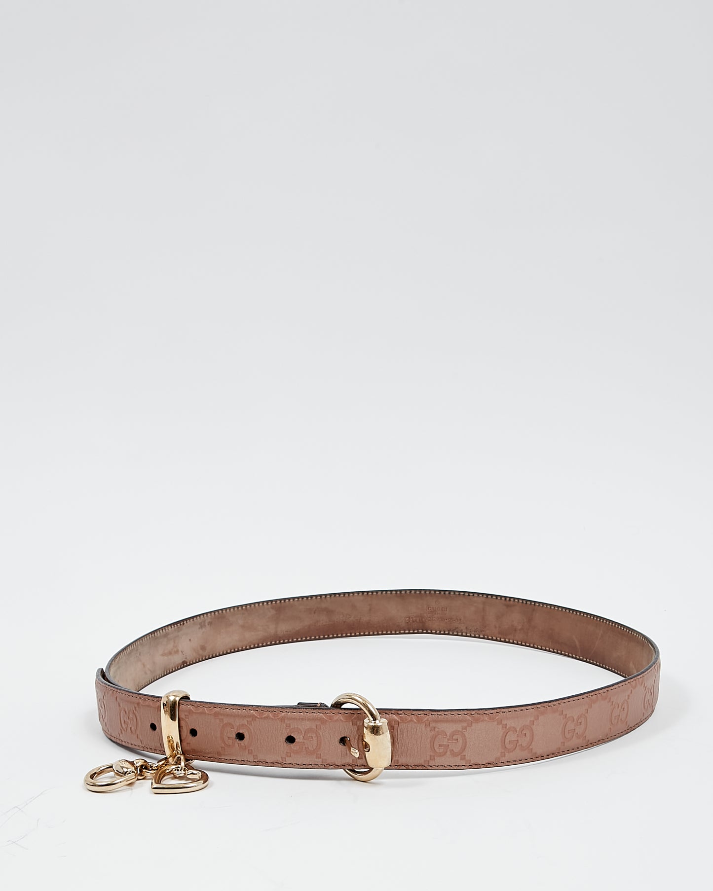 Gucci Dusty Pink Metallic GG Leather Heart Charm Belt - 95/38