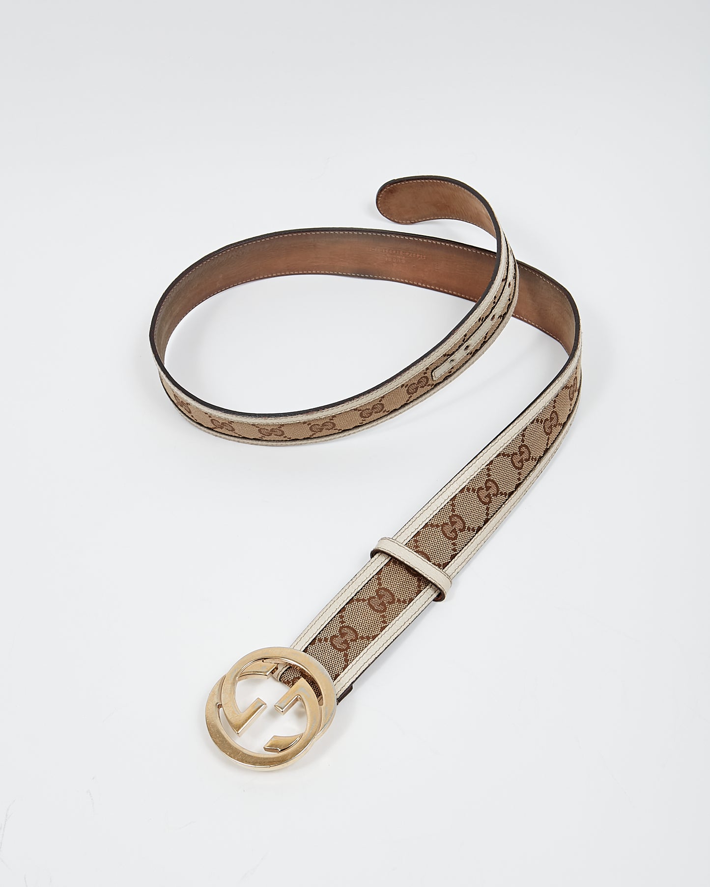 Gucci White Leather Trim/Beige GG Canvas Belt - 95