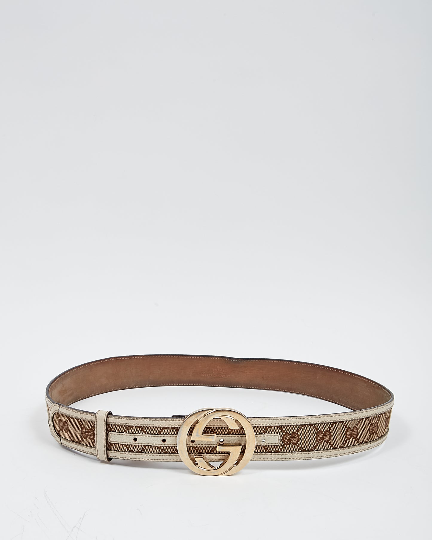 Gucci White Leather Trim/Beige GG Canvas Belt - 95