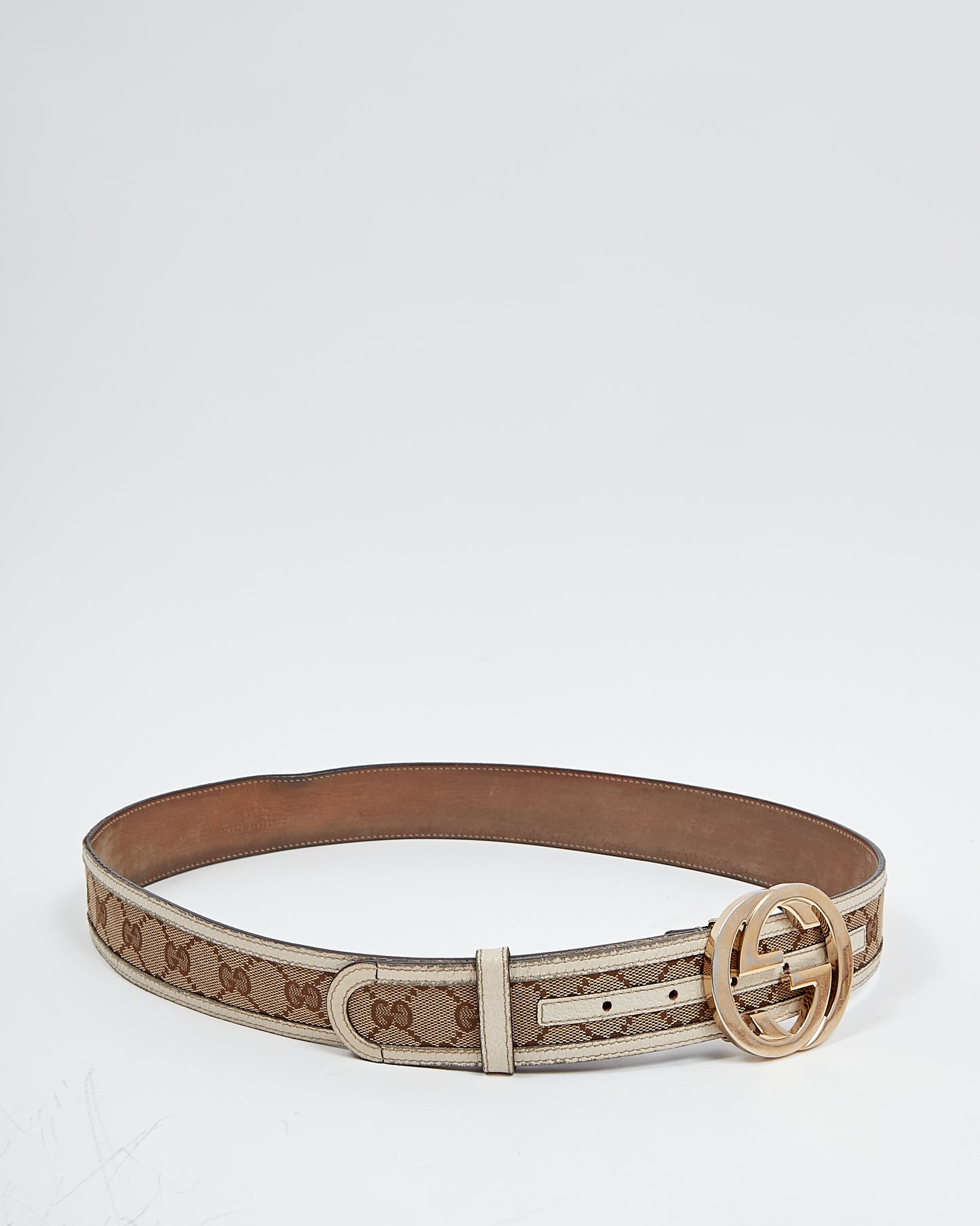 Gucci White Leather Trim/Beige GG Canvas Belt - 95