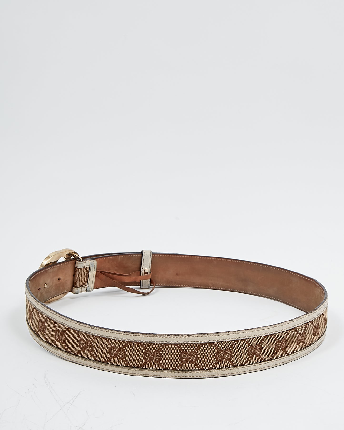 Gucci White Leather Trim/Beige GG Canvas Belt - 95