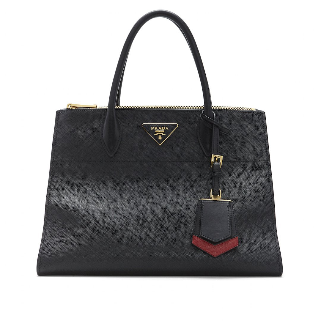 Prada Black 
Red Saffiano Geometric-Strap Tote