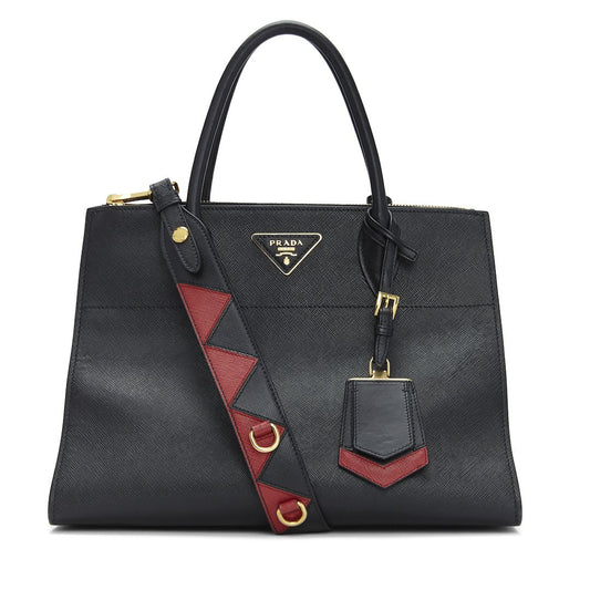 Prada Black 
Red Saffiano Geometric-Strap Tote