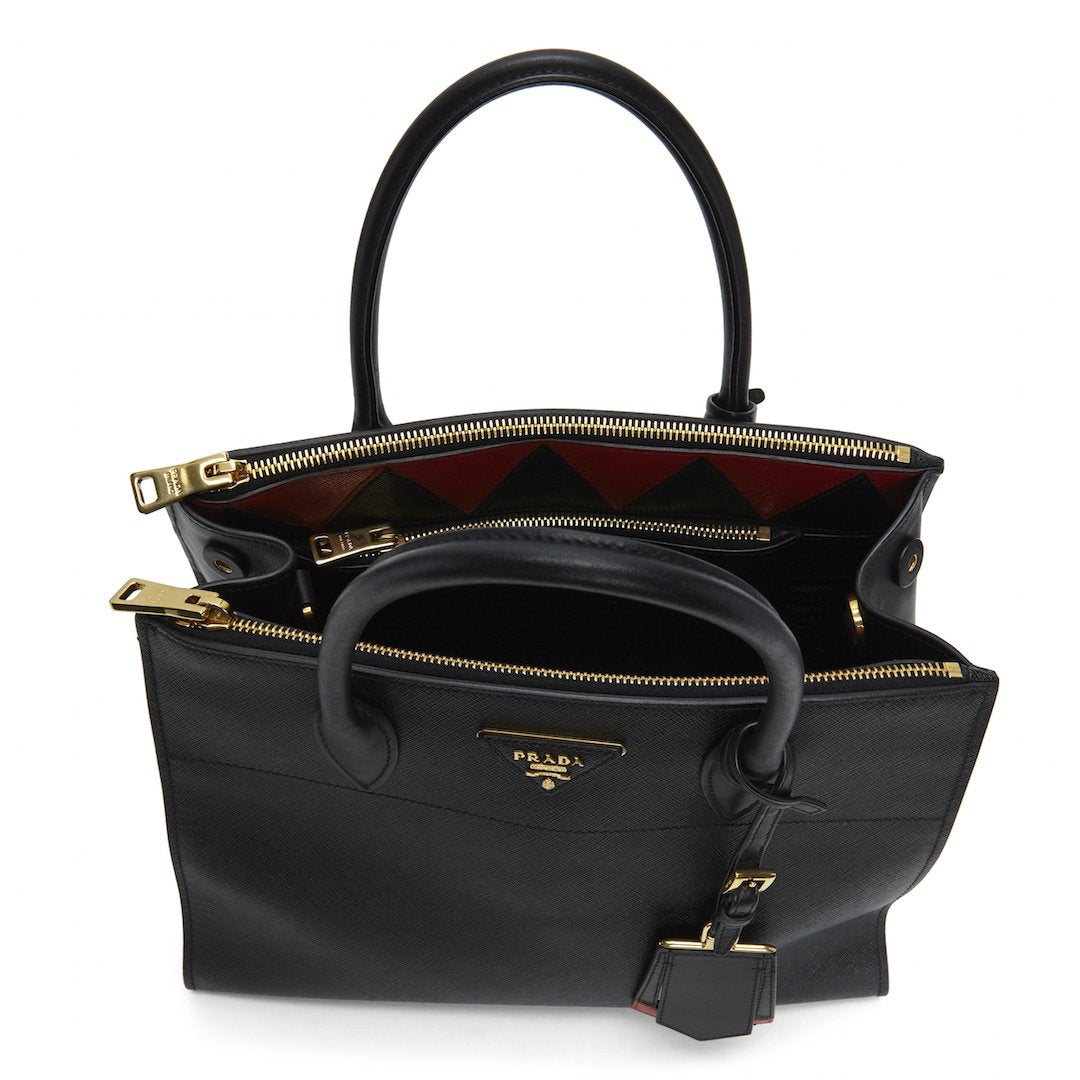 Prada Black 
Red Saffiano Geometric-Strap Tote