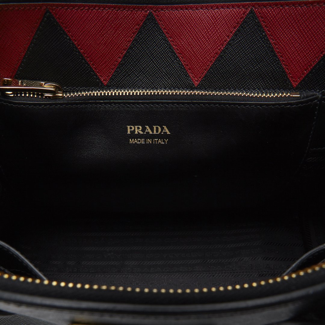 Prada Black 
Red Saffiano Geometric-Strap Tote